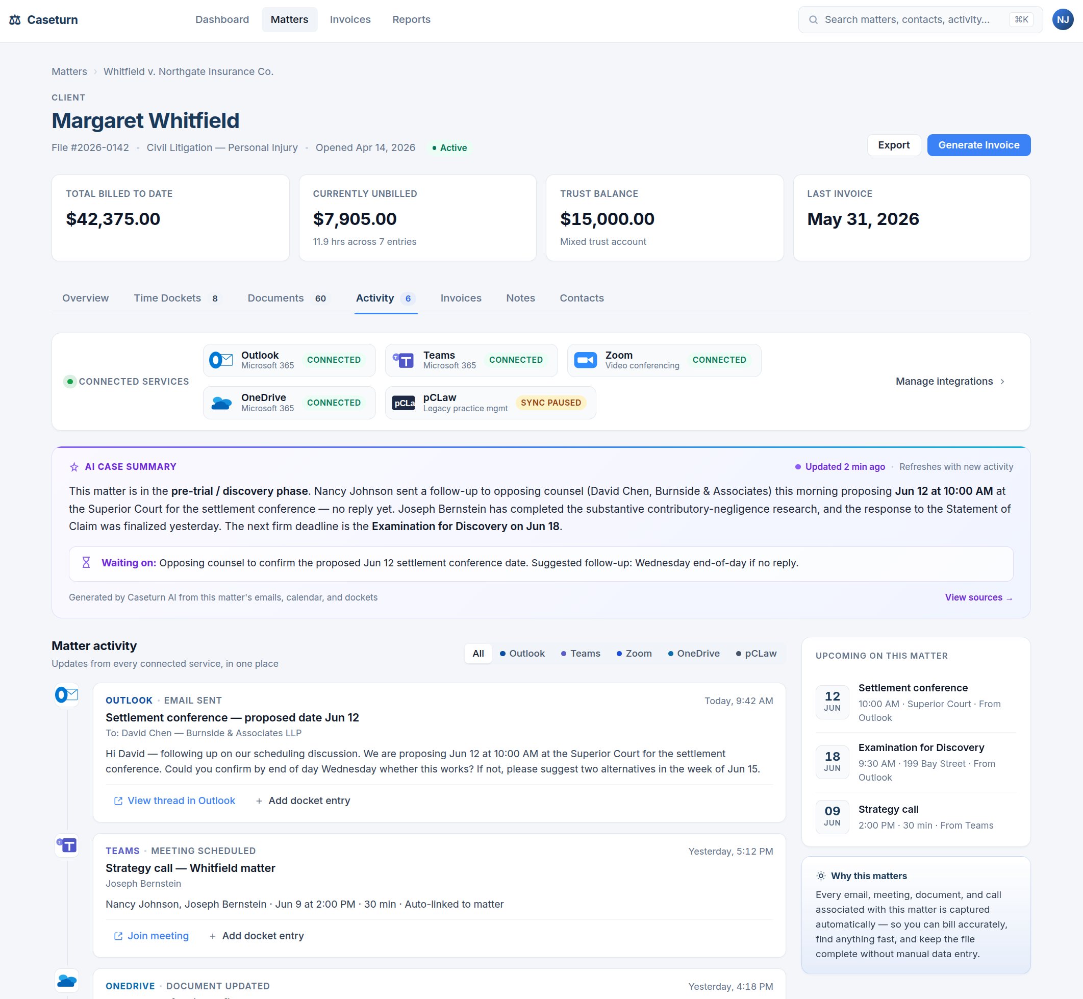 Caseturn matter activity view pulling emails, meetings, calls, and documents from connected services into one timeline