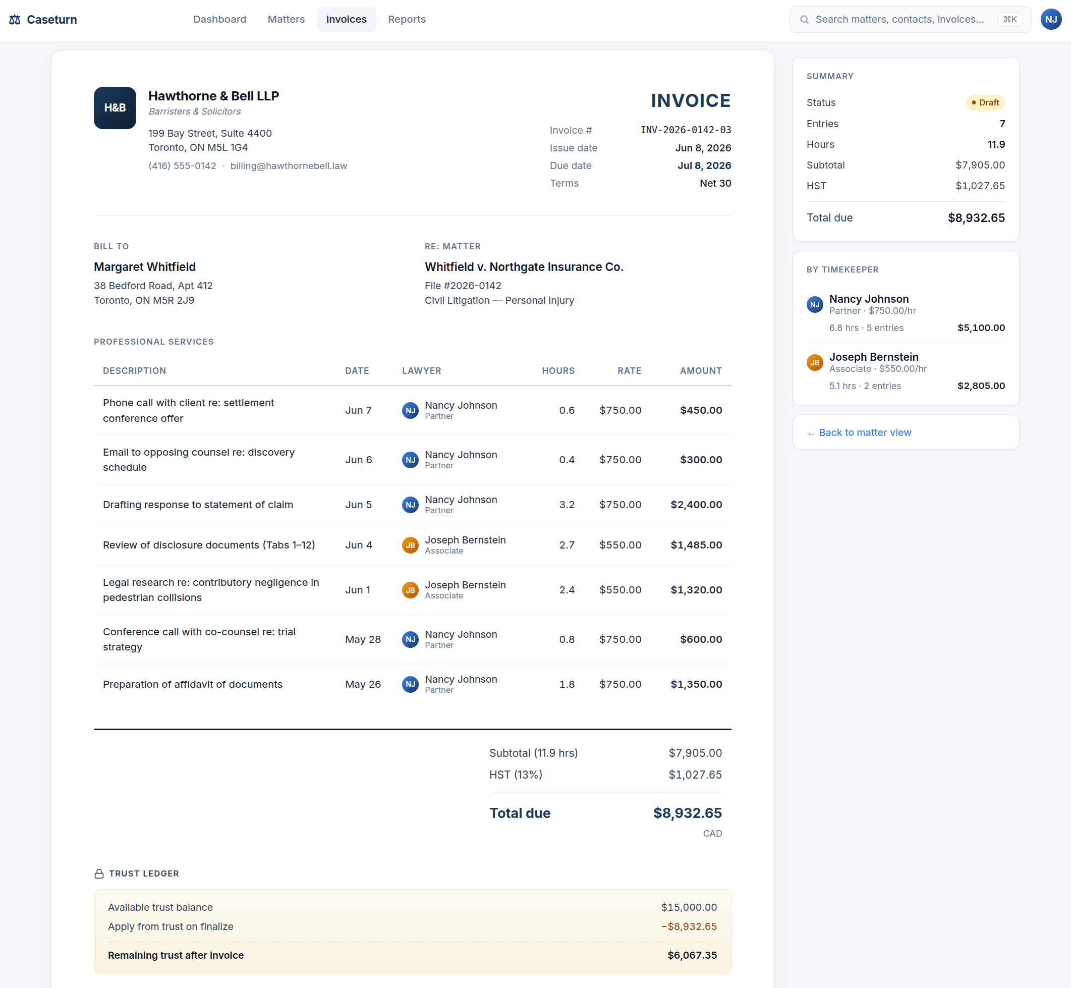 Caseturn draft invoice showing line items, HST, total due, and a trust ledger panel
